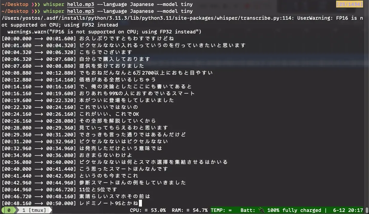 Whisper CLI:文字起し例